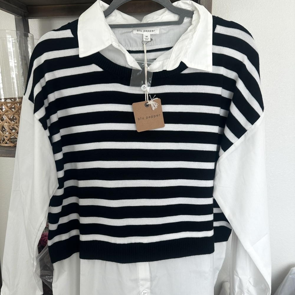 Blu Pepper Black and White Striped Sweater Vest Faux Collared Blouse NWT Size M